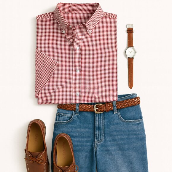 LL Bean Red Gingham Button Down Shirt Mens Large Short Sleeve Vintage Preppy - Picture 2 of 11